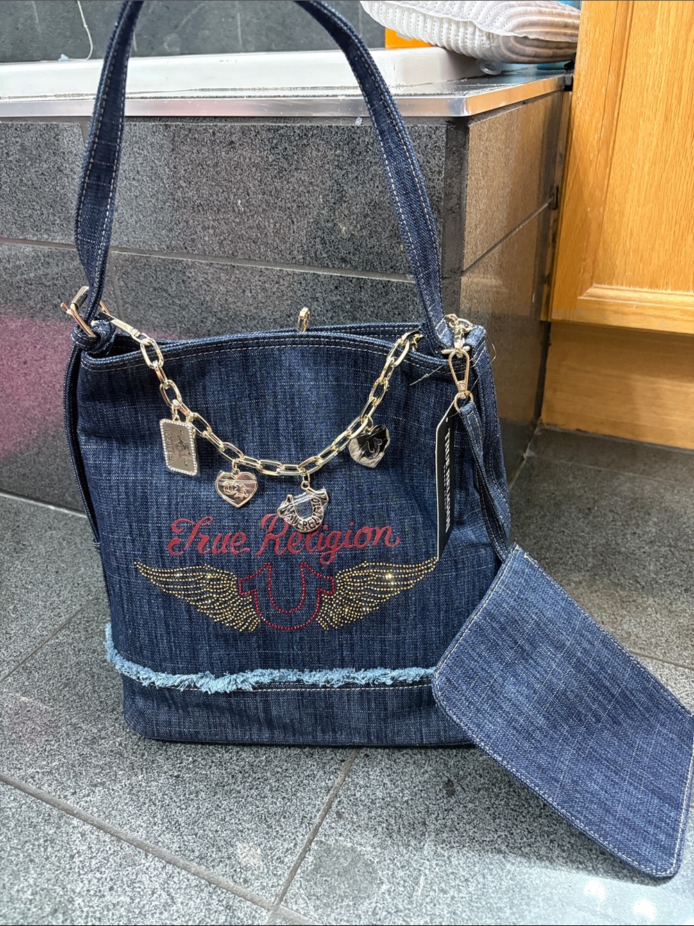 True Religion Dark Blue Denim Shoulder Tote with Gold Chain Accents
